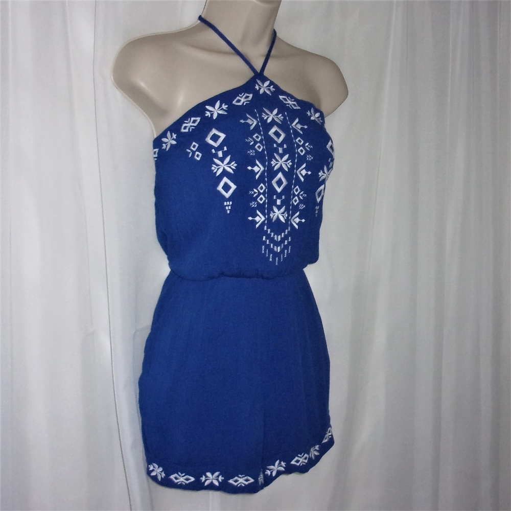 Xhilaration Halter Romper Blue White Embroidery S